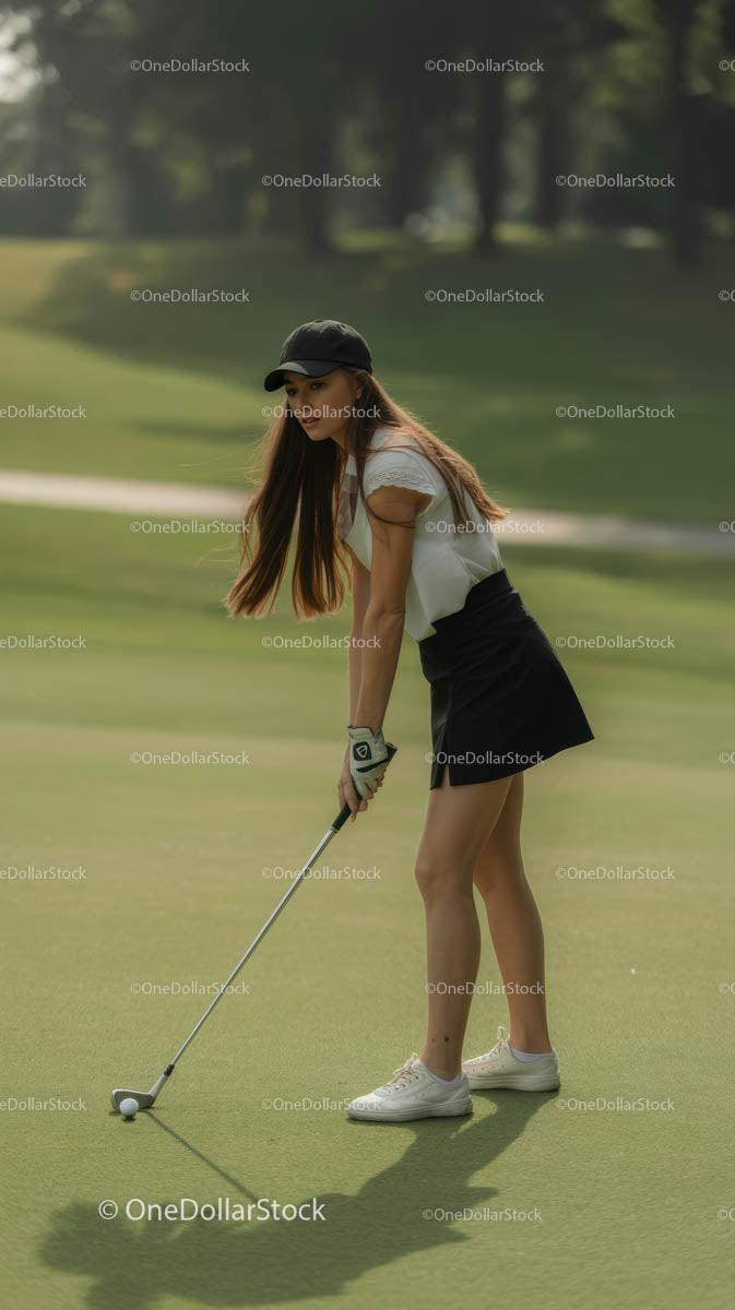 Female Golfer Concentrating on Putting on Green Course