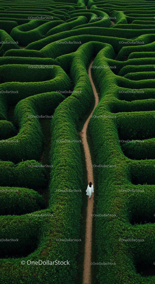 Aerial View of Solitary Woman Walking Through Green Maze