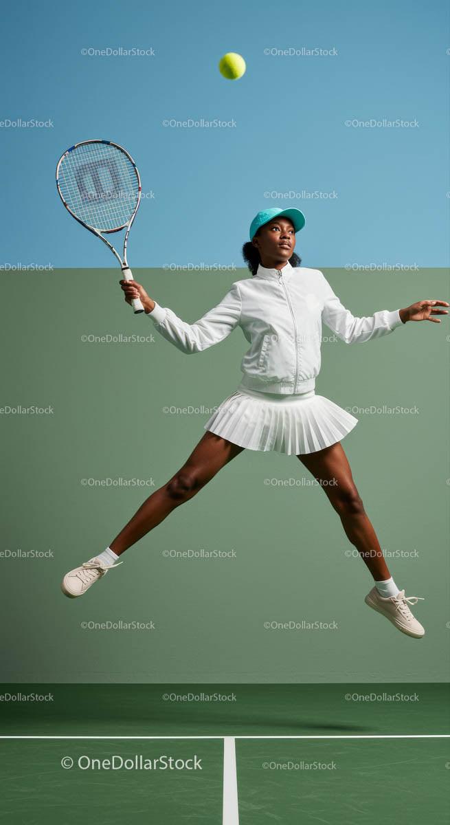 Dynamic Female Tennis Player Mid-Air with Racket