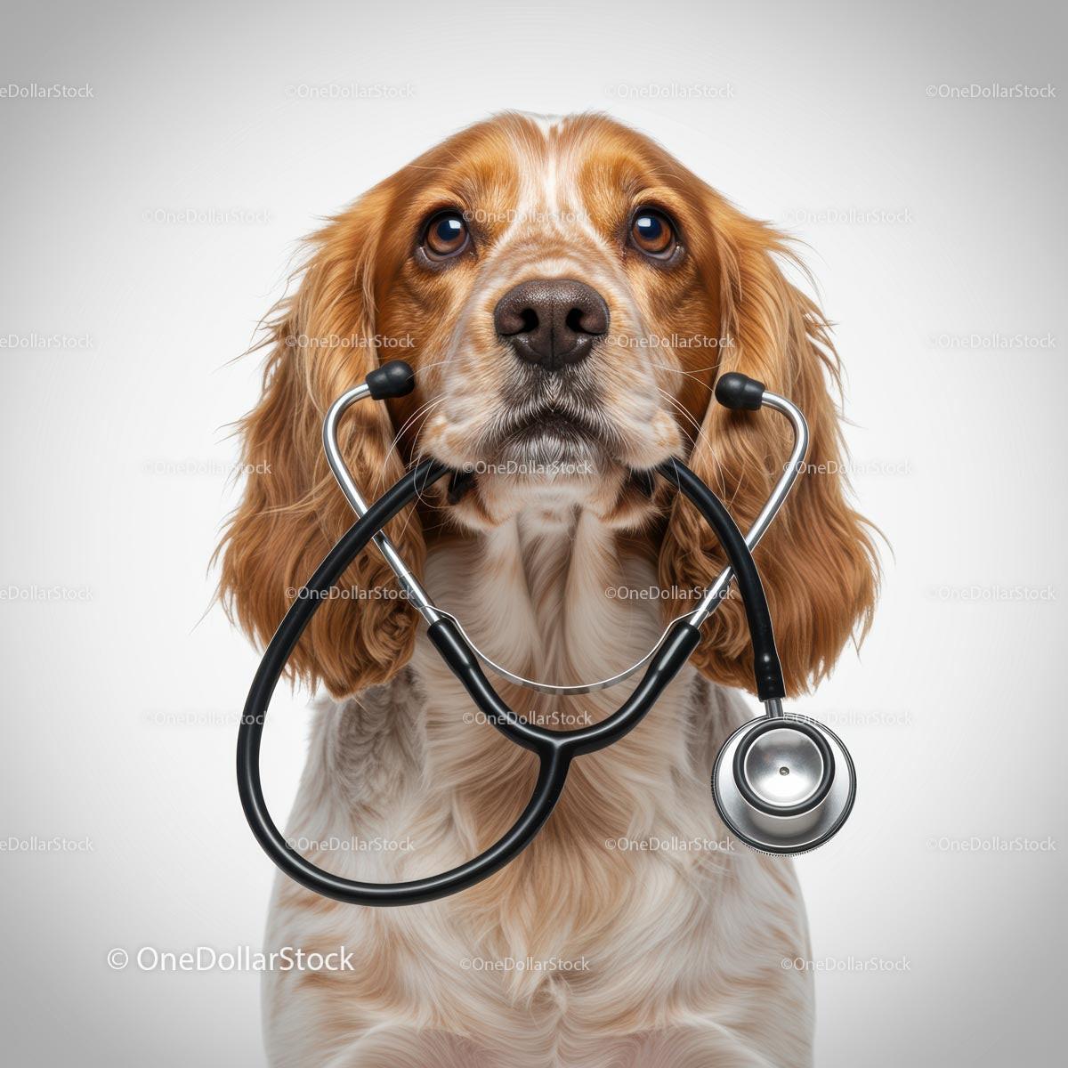 Cocker Spaniel with Stethoscope Looking Curious
