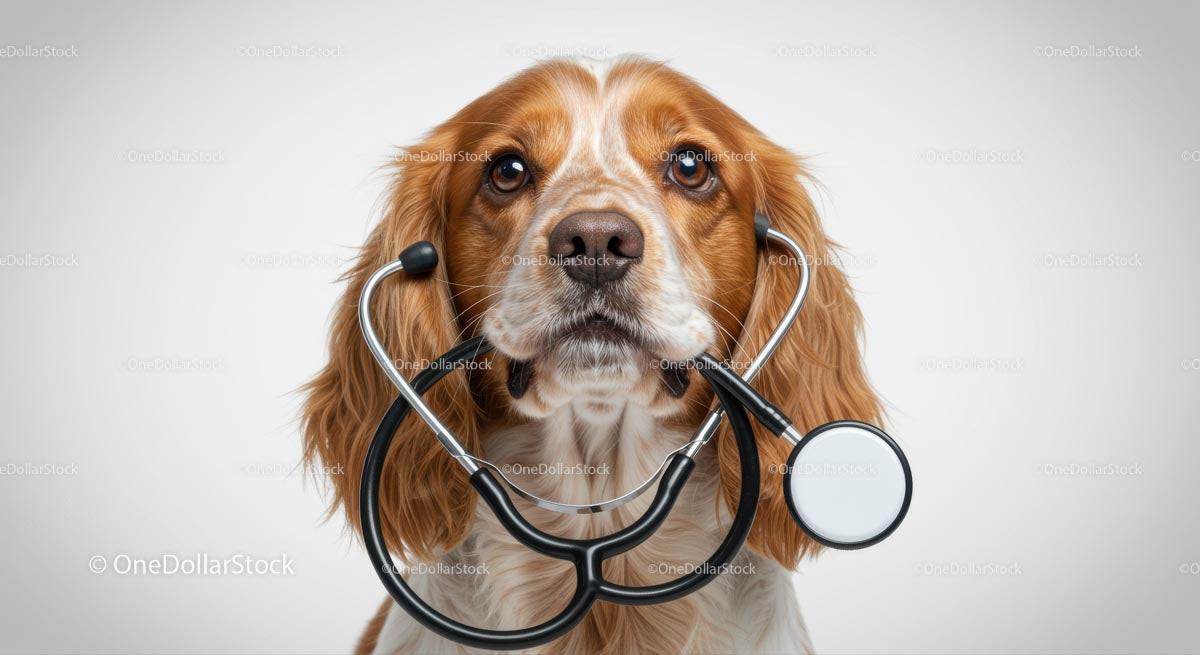 Spaniel Dog with Stethoscope as a Veterinarian