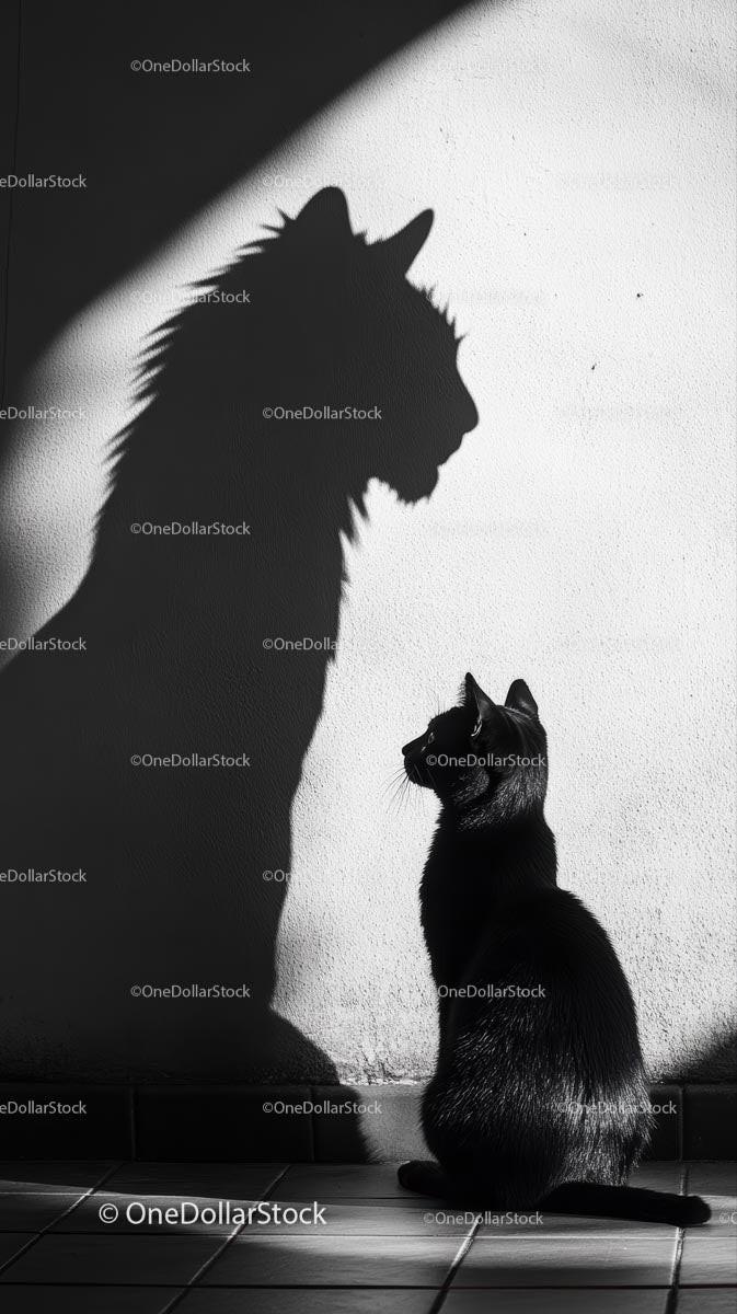 Black Cat with Majestic Lion Shadow on White Wall