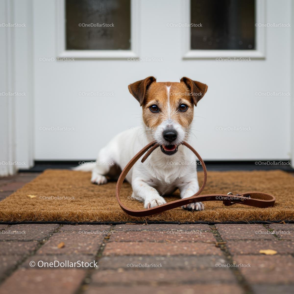 Jack Russell Terrier With Leash Sitting at Front Door
