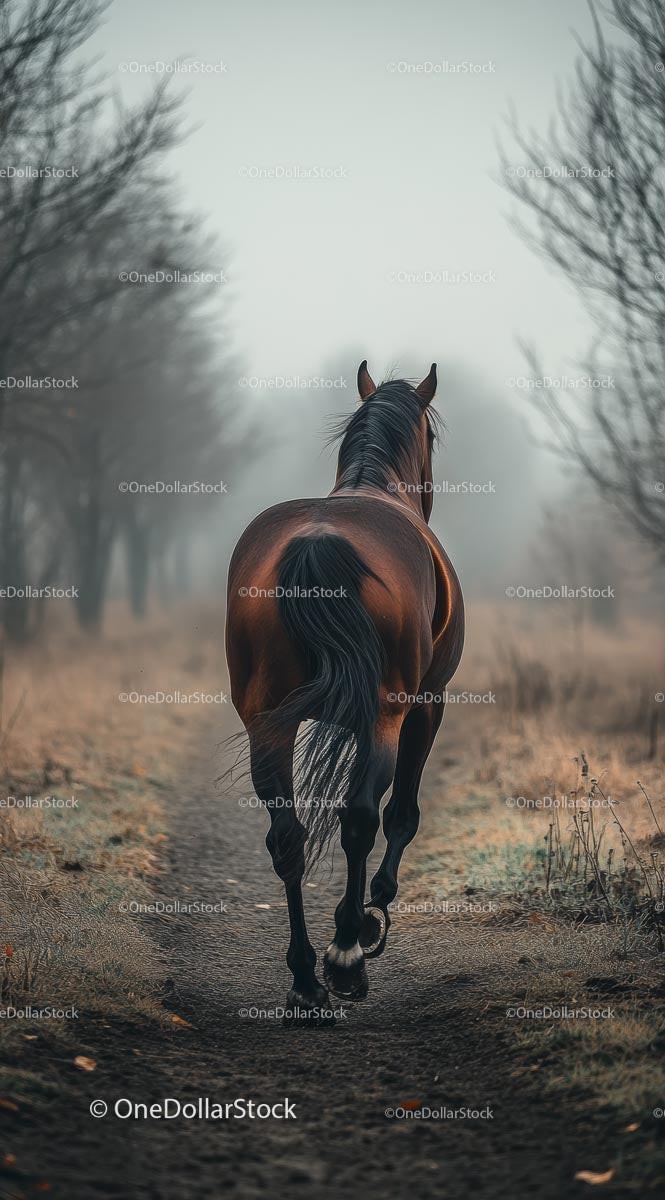 Majestic Horse Walking Through Misty Autumn Path