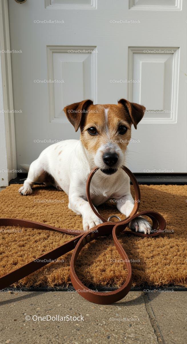 Jack Russell Terrier Ready for a Walk at Front Door