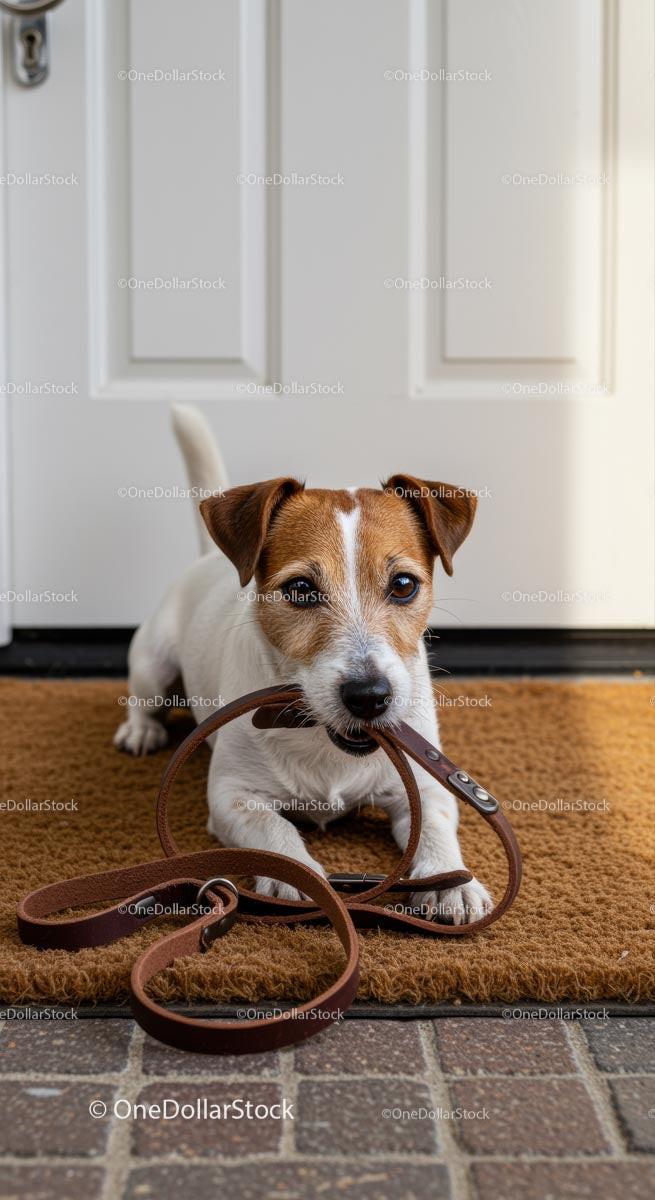 Jack Russell Terrier Holding Leash at the Front Door