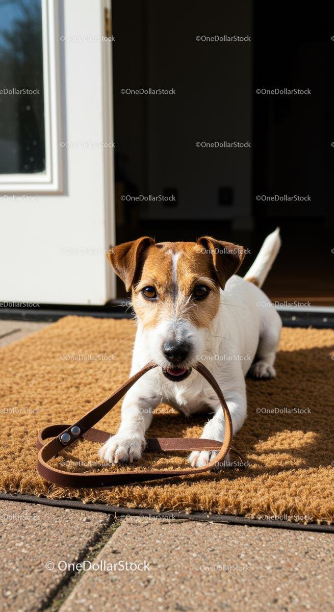 Jack Russell Terrier Holding Leash by Doorway