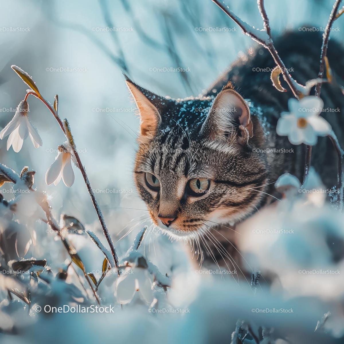 Tabby Cat Exploring Snowy Garden with Snowdrops