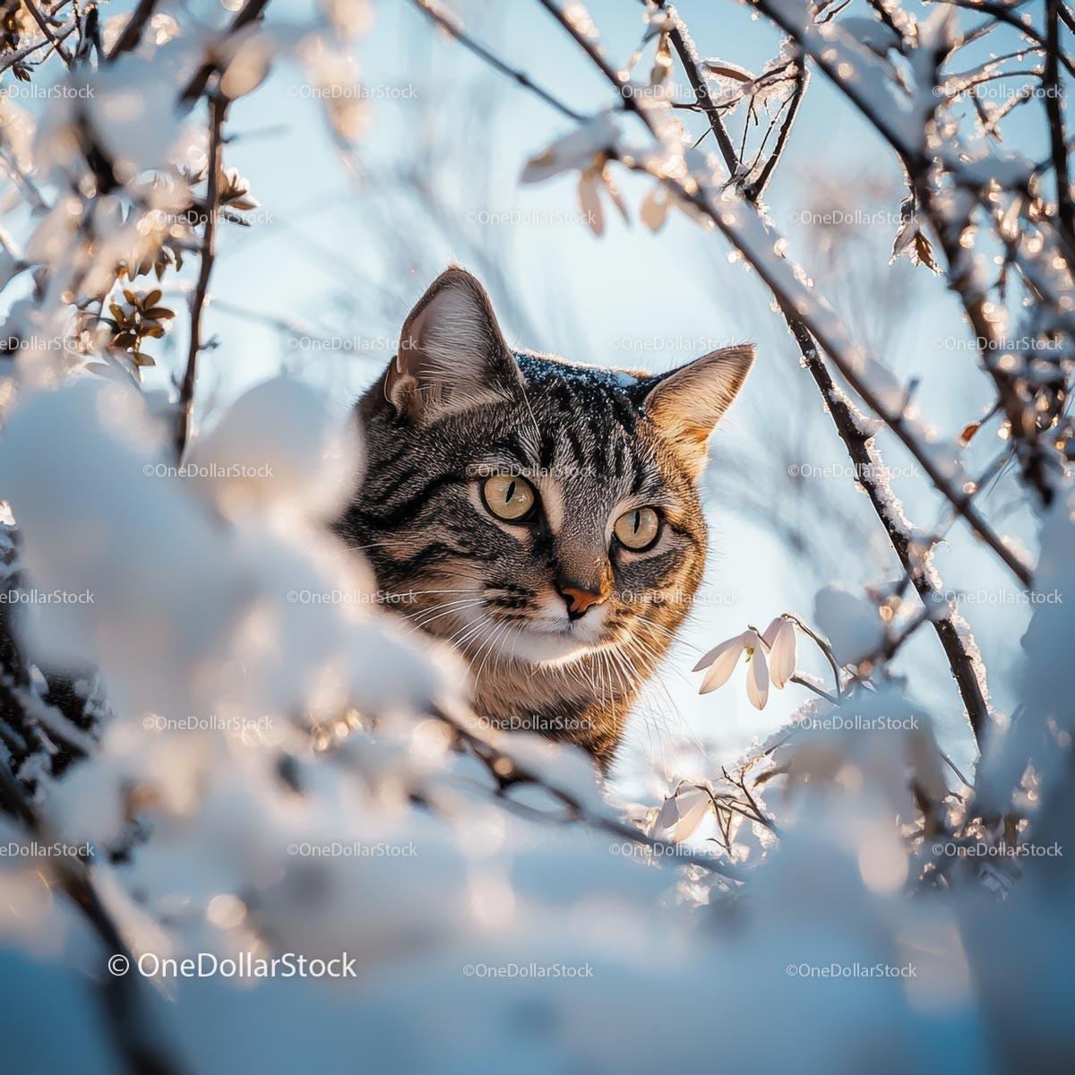 Tabby Cat Exploring Snowy Winter Landscape