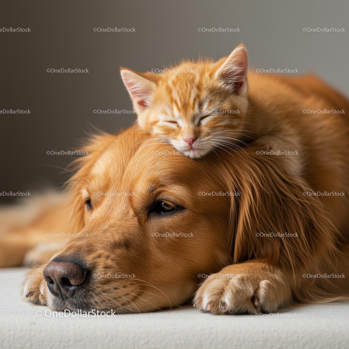 Ginger Kitten Napping on Golden Retriever