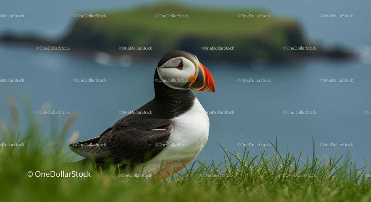Atlantic Puffin on Grassy Cliff By the Ocean