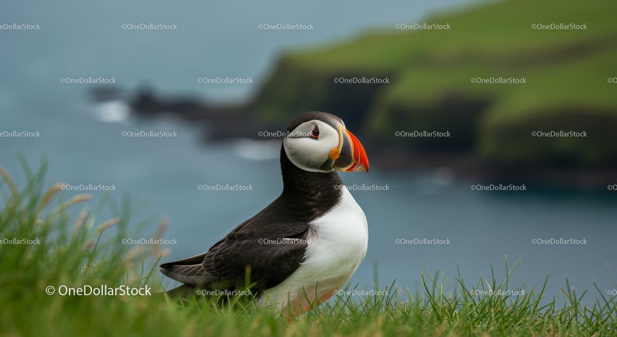 Atlantic Puffin on Coastal Cliff with Ocean Backdrop