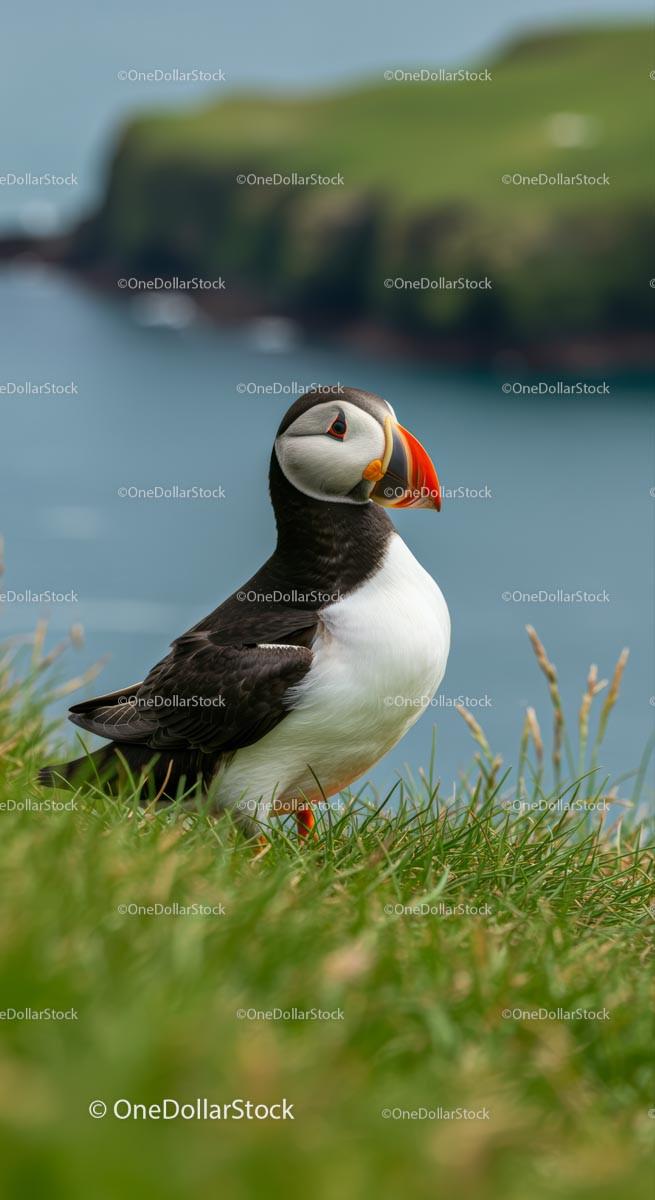 Atlantic Puffin Perched on Grassy Cliff Overlooking Ocean