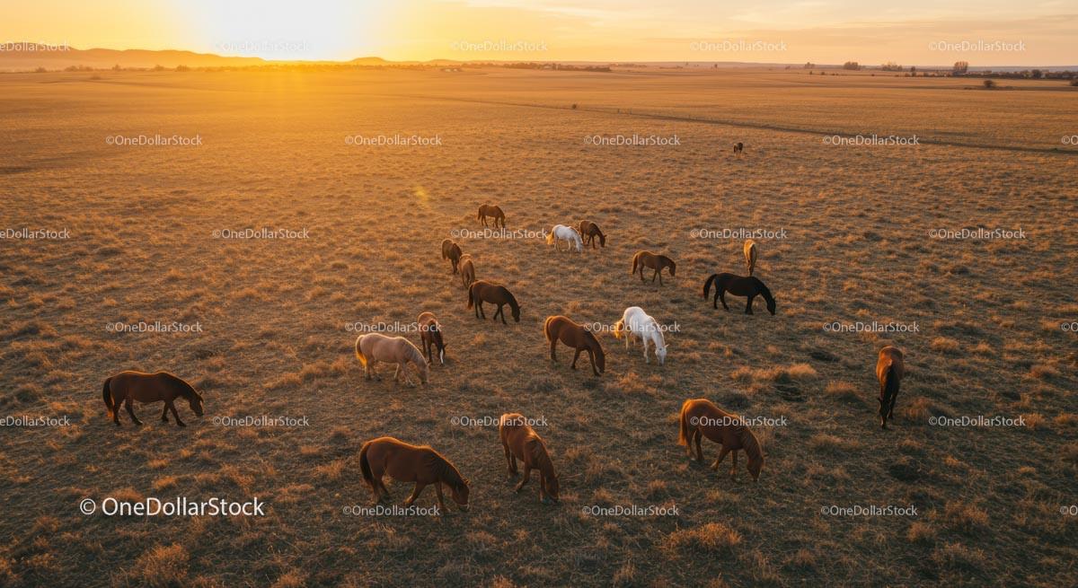 Herd of Horses Grazing at Sunset on Open Fields