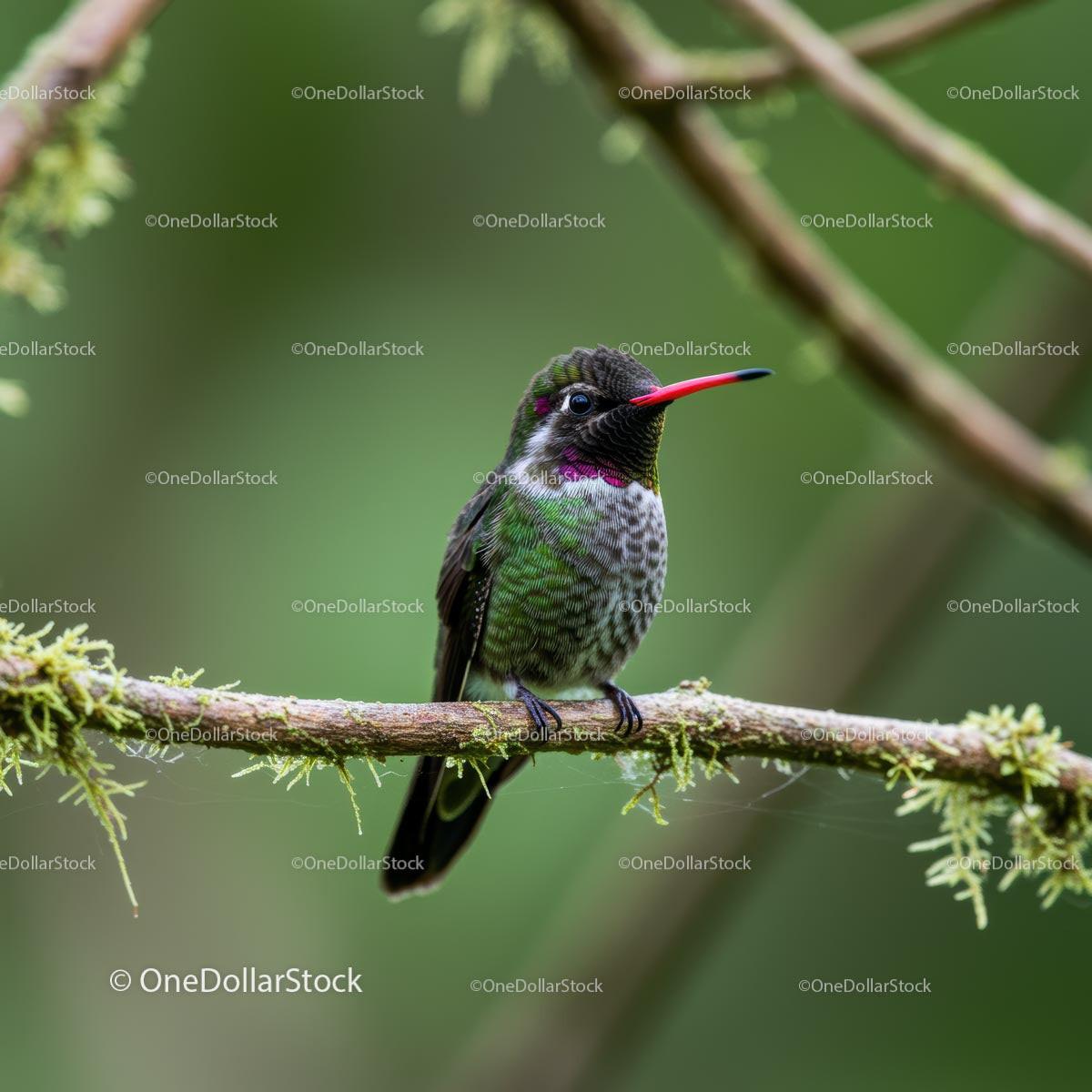 Vibrant Hummingbird Perched on Moss-Covered Branch