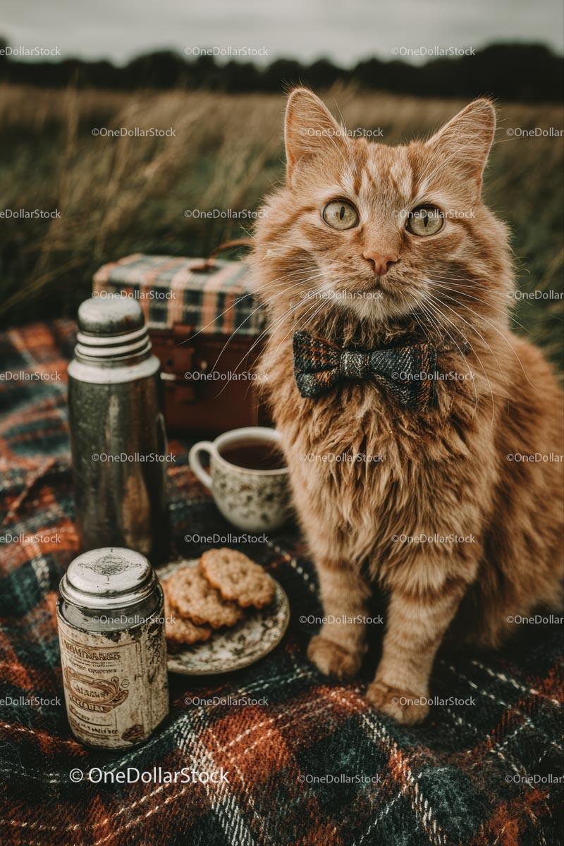 Ginger Cat Enjoying a Cozy Autumn Picnic Outdoors