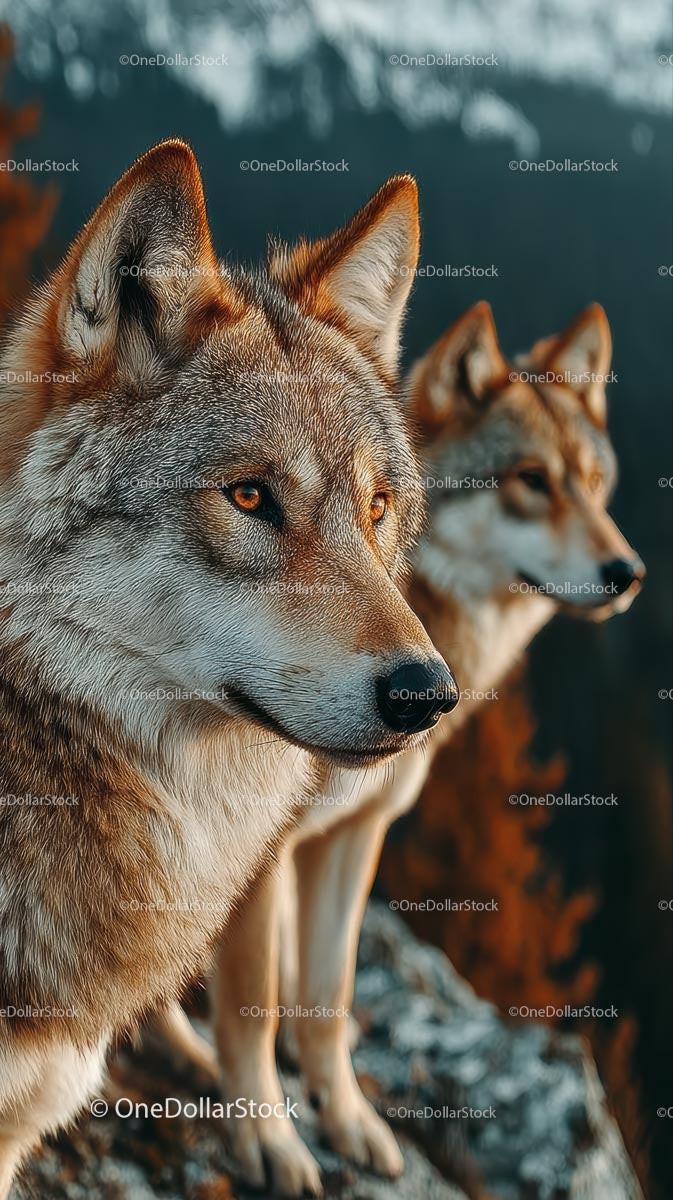 Majestic Wolves in a Mountainous Forest Setting