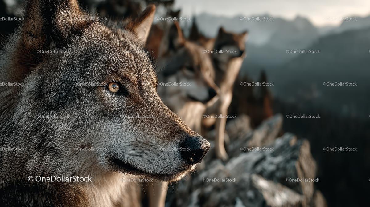 Majestic Gray Wolf Pack in Mountainous Wilderness