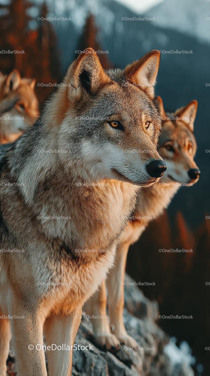 Majestic Wolves in a Mountainous Forest Setting