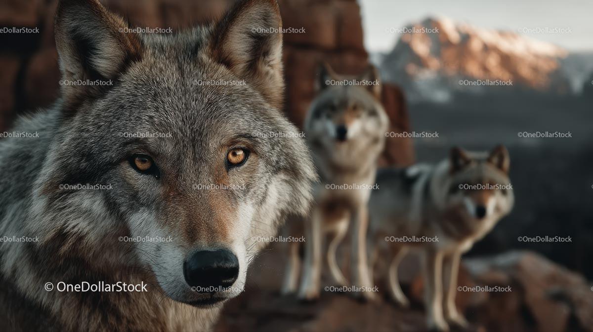 Majestic Gray Wolf Pack in Natural Mountain Habitat