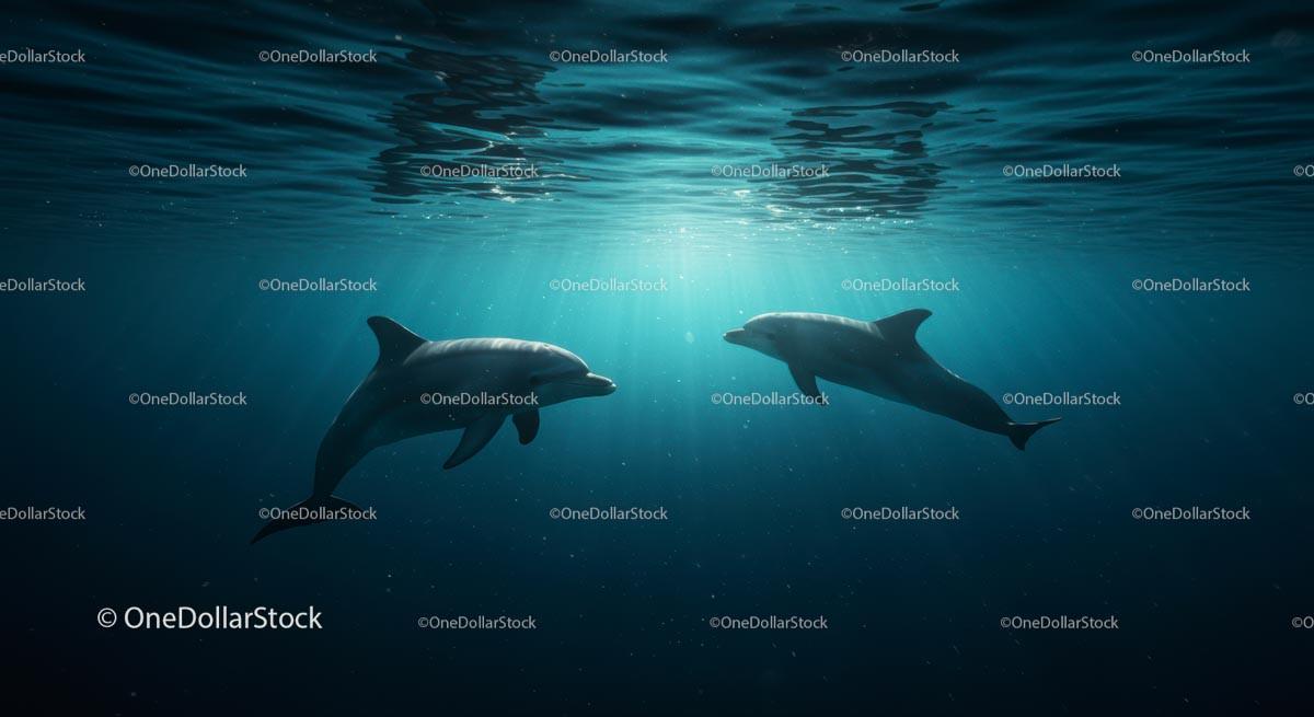 Two Dolphins Swimming Gracefully Underwater