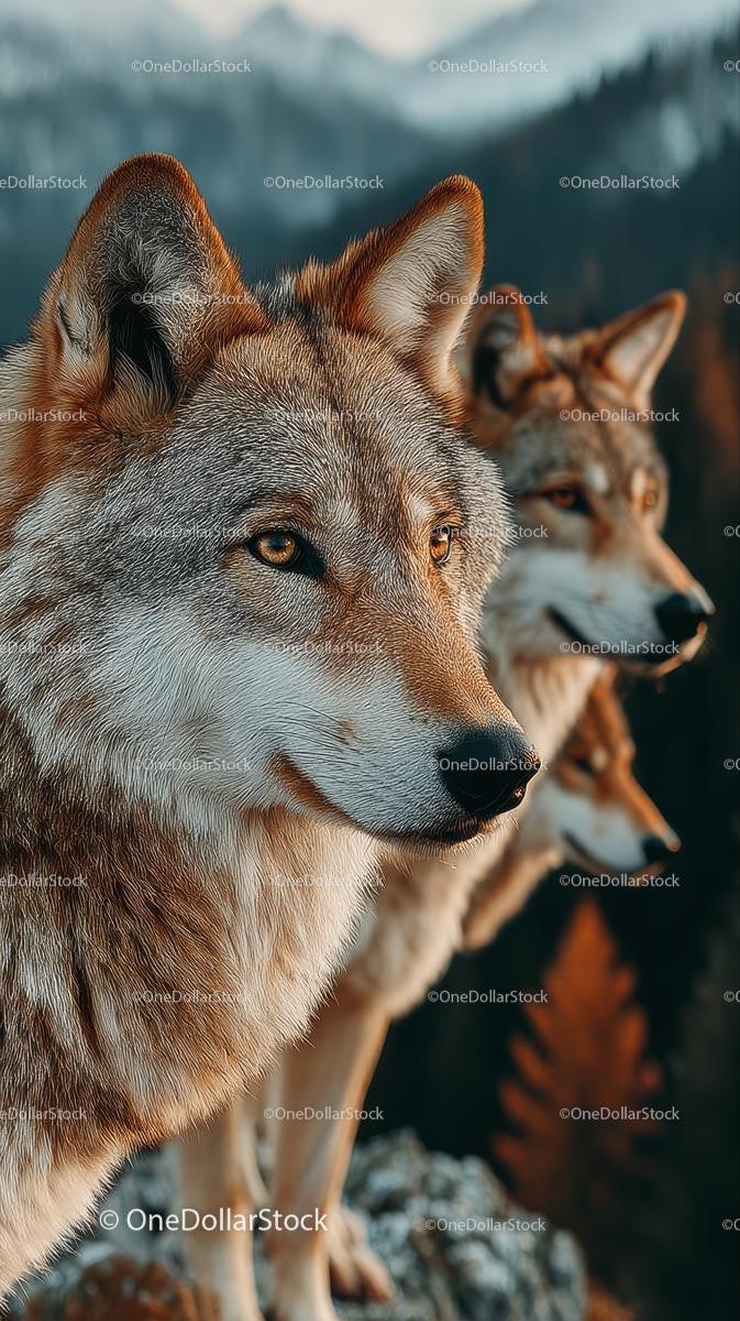Majestic Wolves Against a Scenic Mountain Backdrop