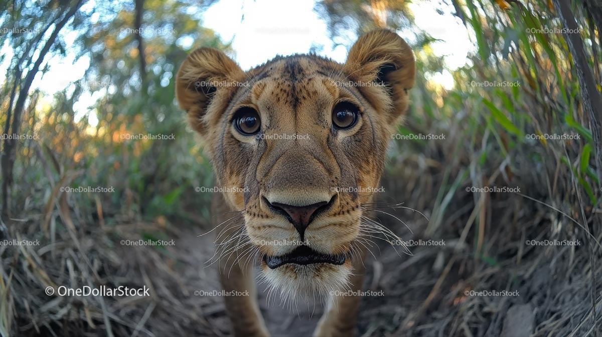 Close-Up of Curious Lion Cub in Natural Habitat