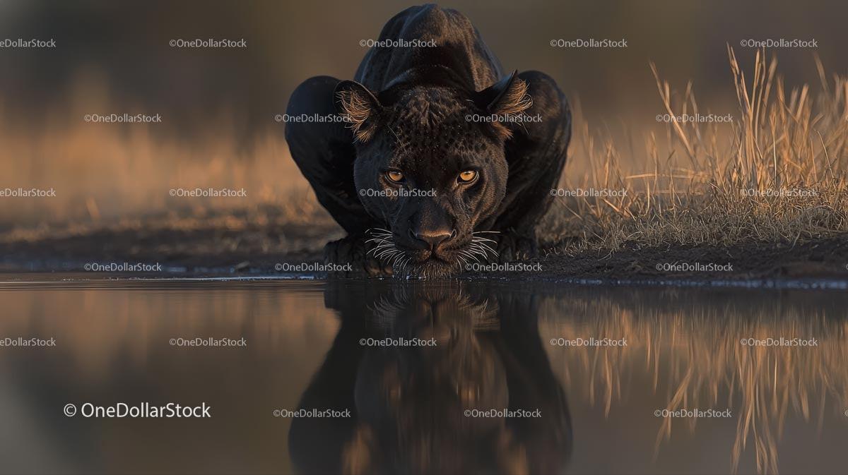 Majestic Black Panther Drinking at Sunset in the Savanna