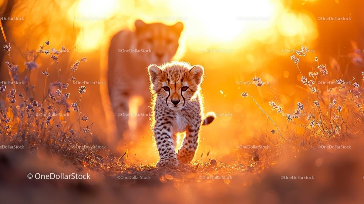 Cheetah Cub Strolling Through the Savanna at Sunset