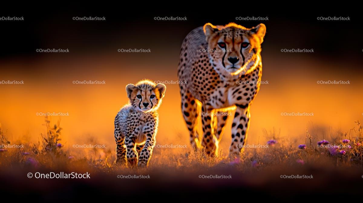 Cheetah Mother and Cub Walking at Sunset in the Savannah