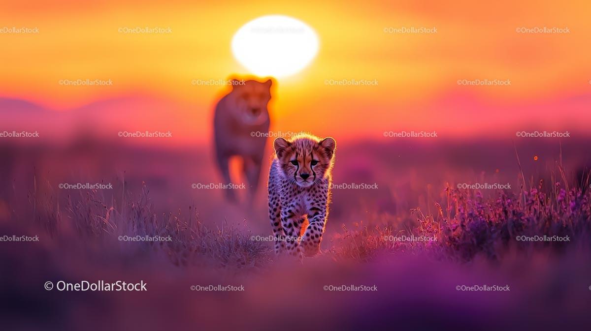Cheetah Cubs Exploring the African Savannah at Sunset