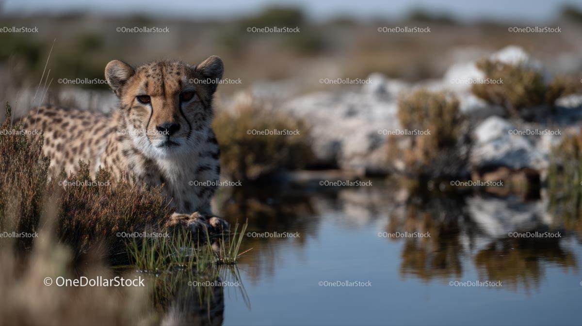 Cheetah Resting by a Waterhole in the African Wilderness