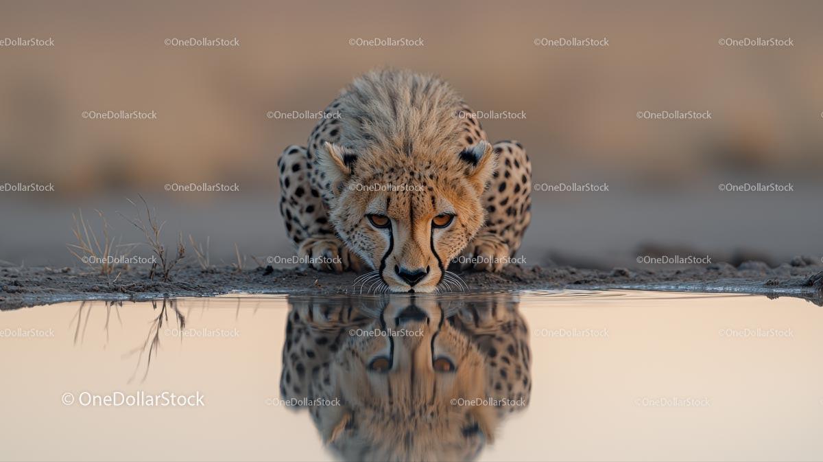 Cheetah Drinking at Water's Edge with Stunning Reflection