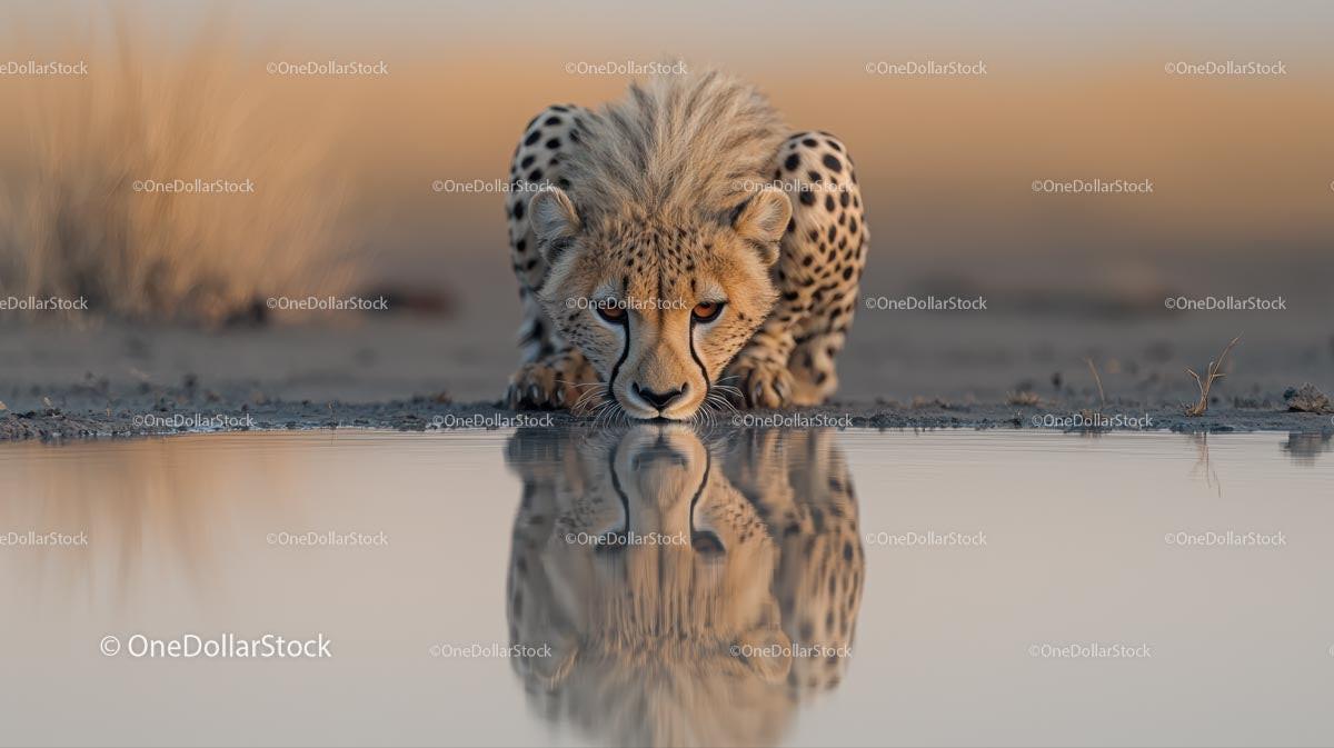 Cheetah Drinking at Tranquil Waterhole in African Wilderness
