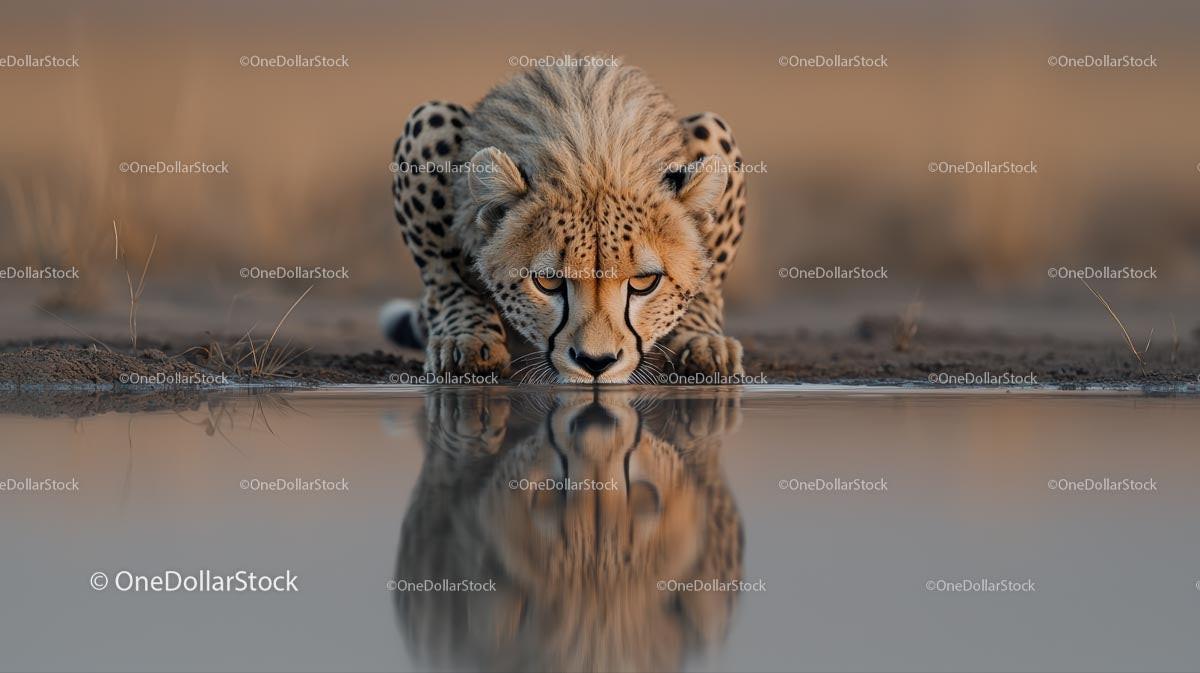 Cheetah Reflecting in Tranquil Waterhole on the Savannah