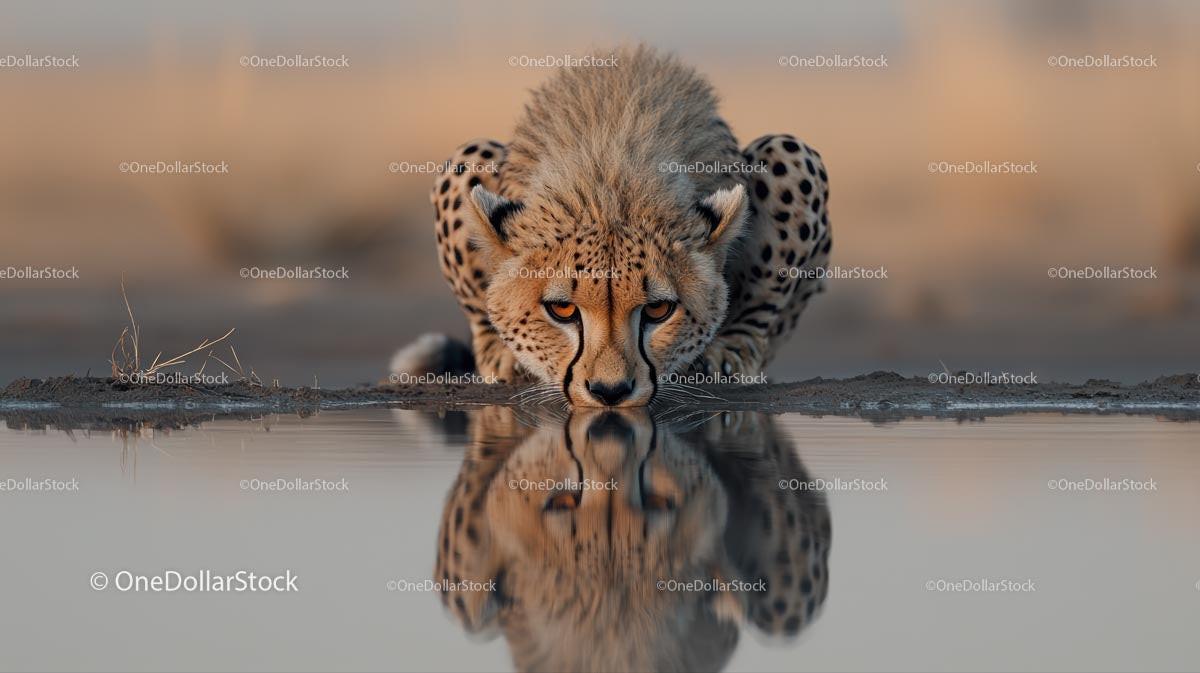 Majestic Cheetah Drinking Water at Sunset