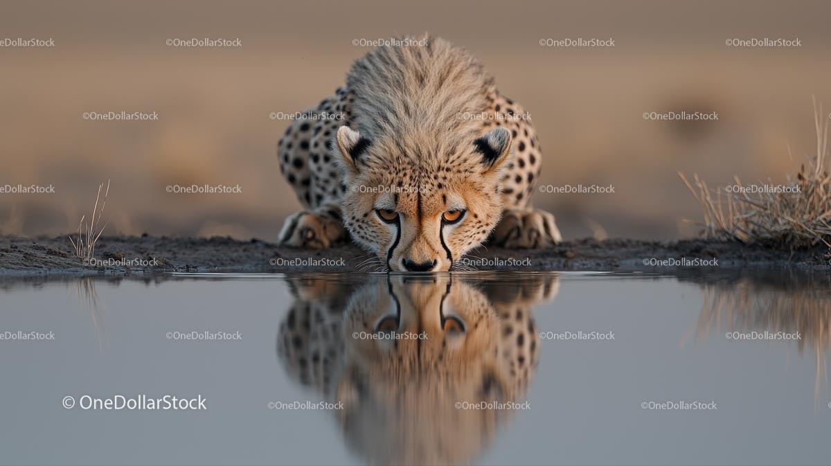 Cheetah Drinking at a Waterhole with Reflection