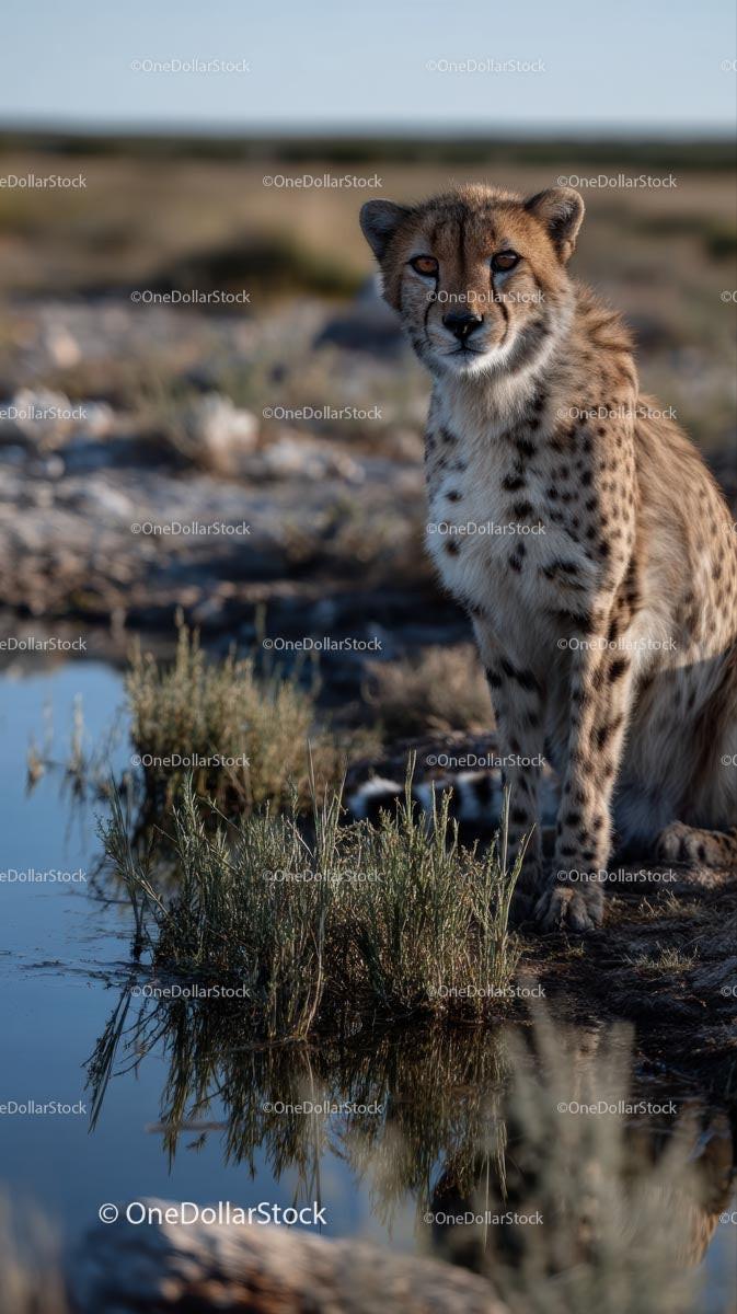 Cheetah by a Water Source in African Grasslands