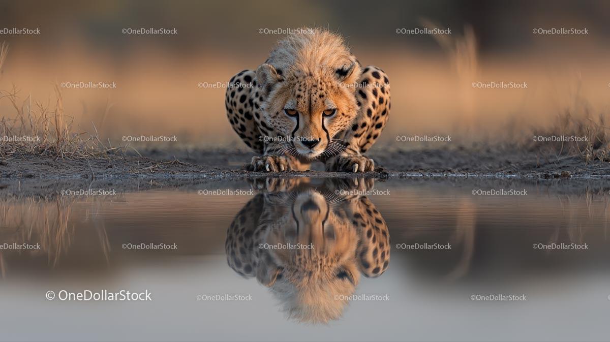 Cheetah by Waterhole with Stunning Reflection
