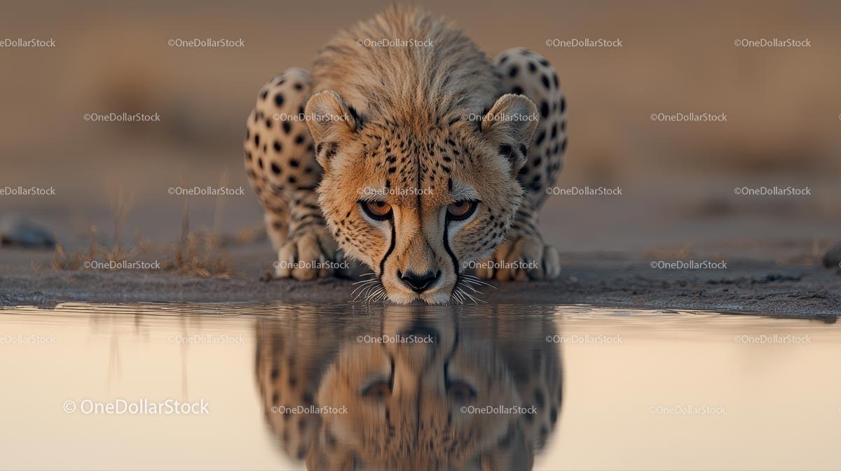 Cheetah Drinking at Waterhole with Reflection