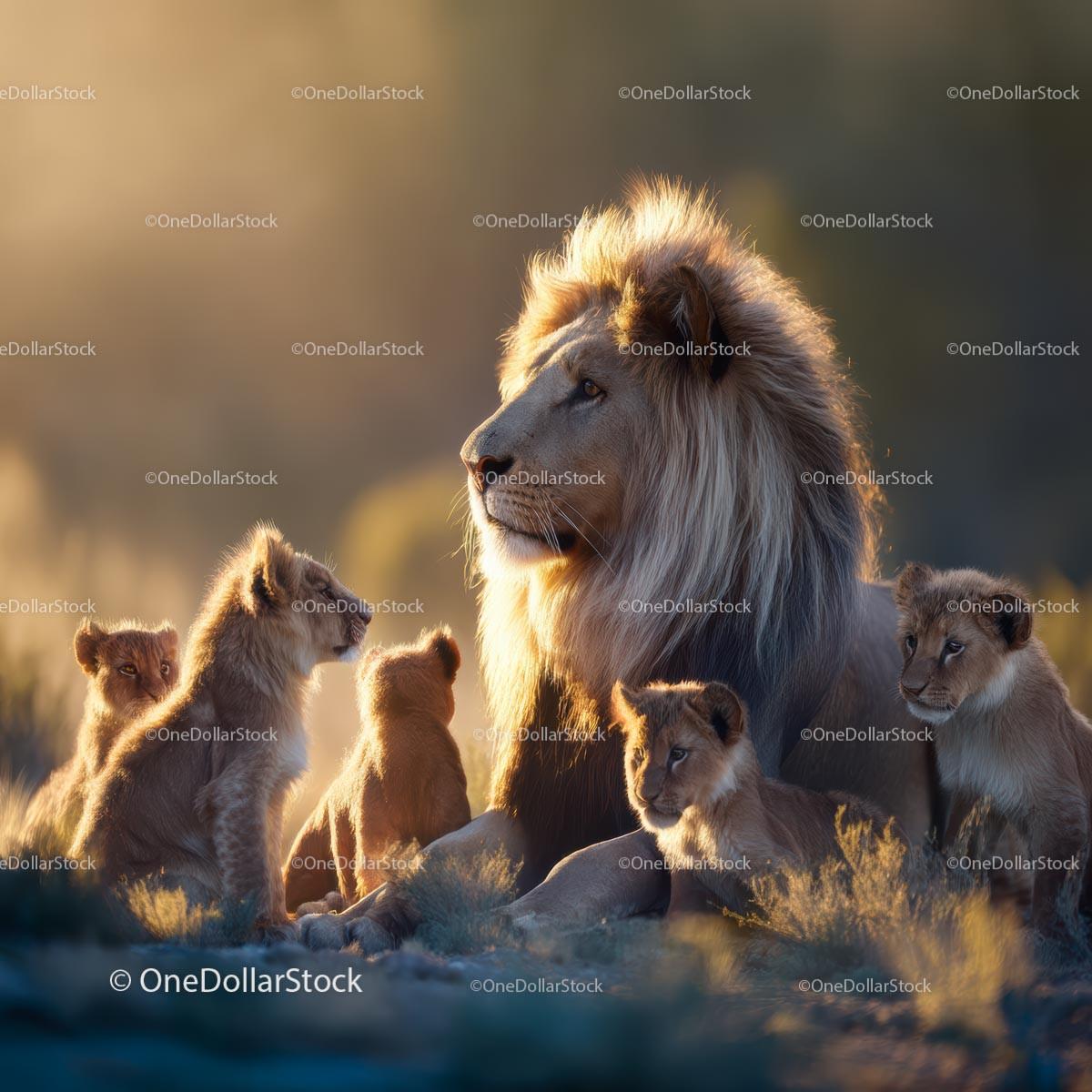 Majestic Lion with Cubs at Golden Hour in African Savanna
