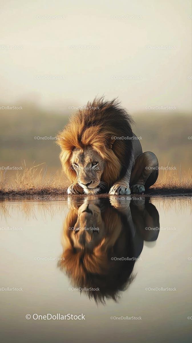 Majestic Lion Reflecting at Water's Edge