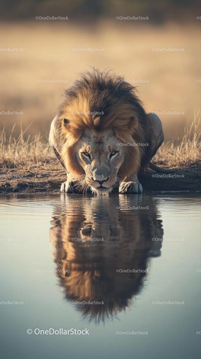 Majestic Lion Drinking at a Tranquil Waterhole