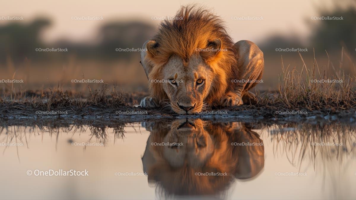 Majestic Lion Drinking at Water's Edge