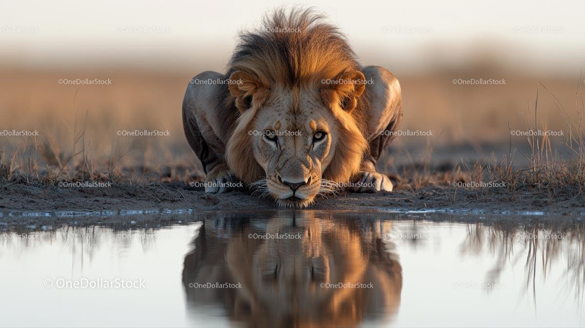 Majestic Lion Drinking at a Reflective Waterhole