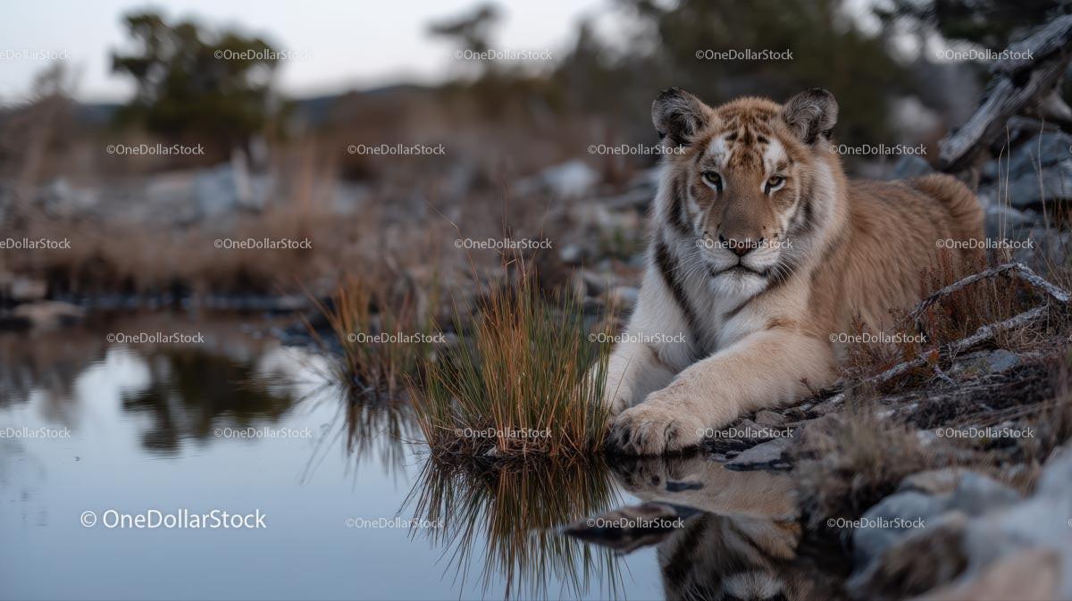 Majestic Tiger Relaxing by a Serene Water's Edge