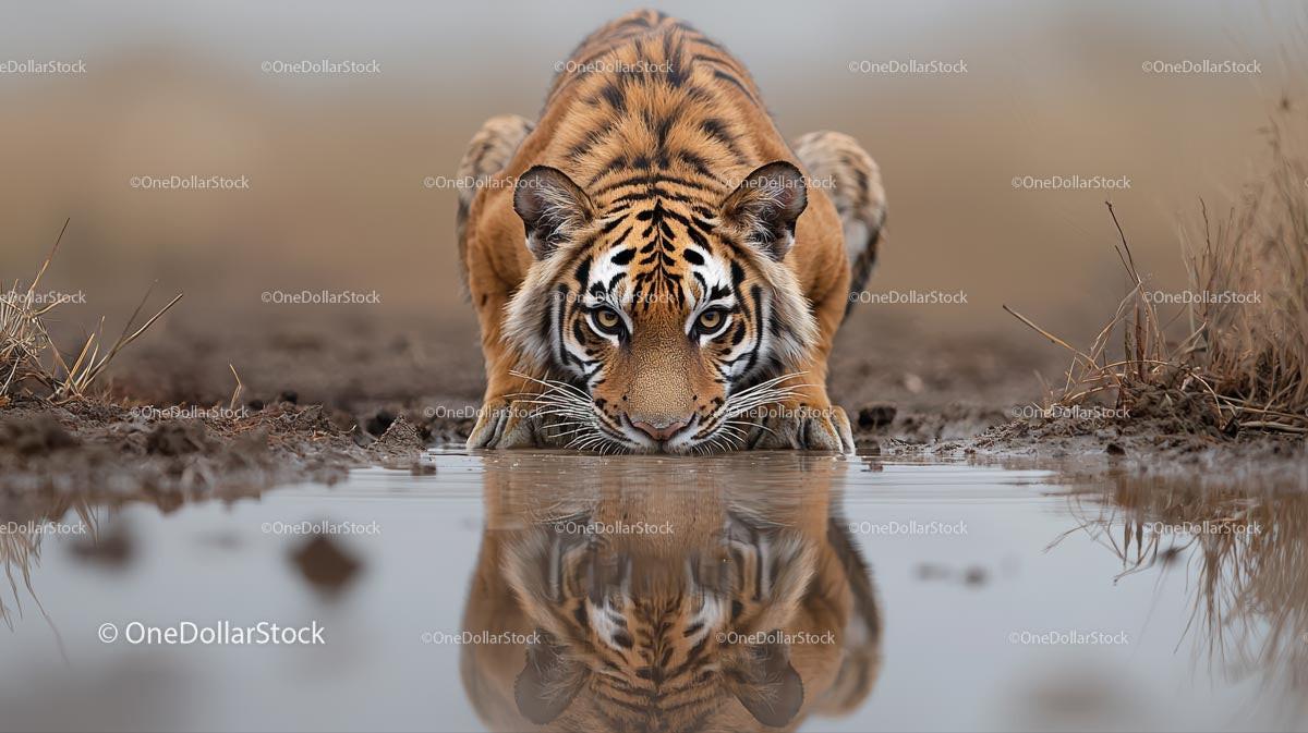 Majestic Tiger Drinking from Waterhole in the Wild