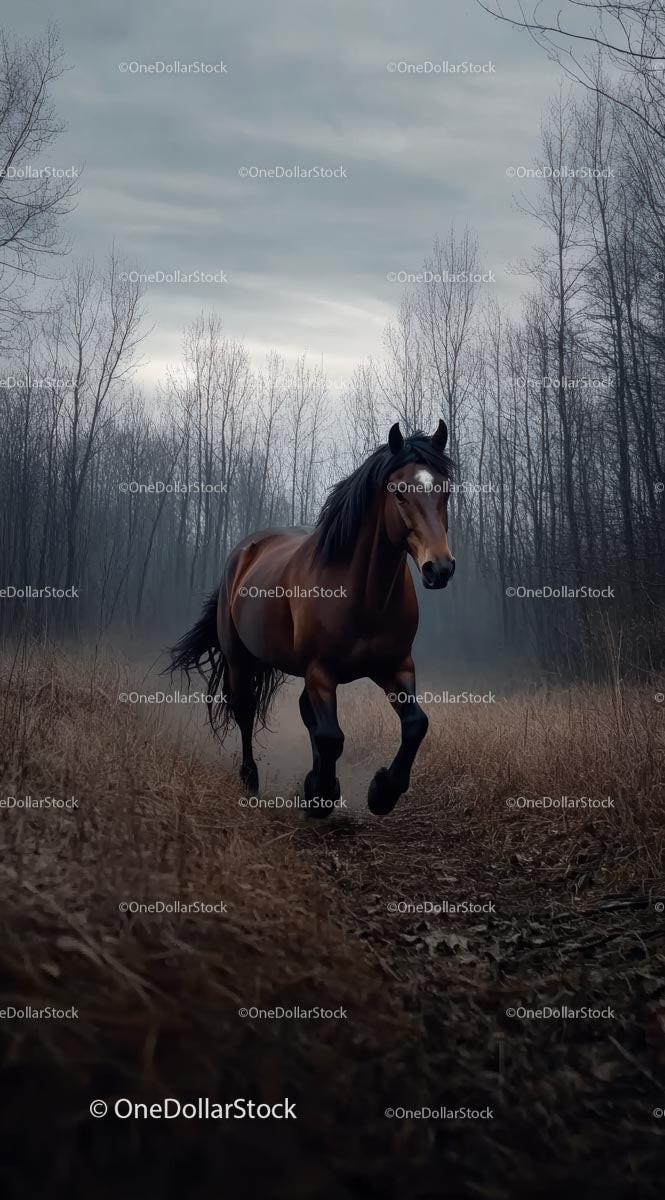 Majestic Brown Horse Galloping Through Misty Forest