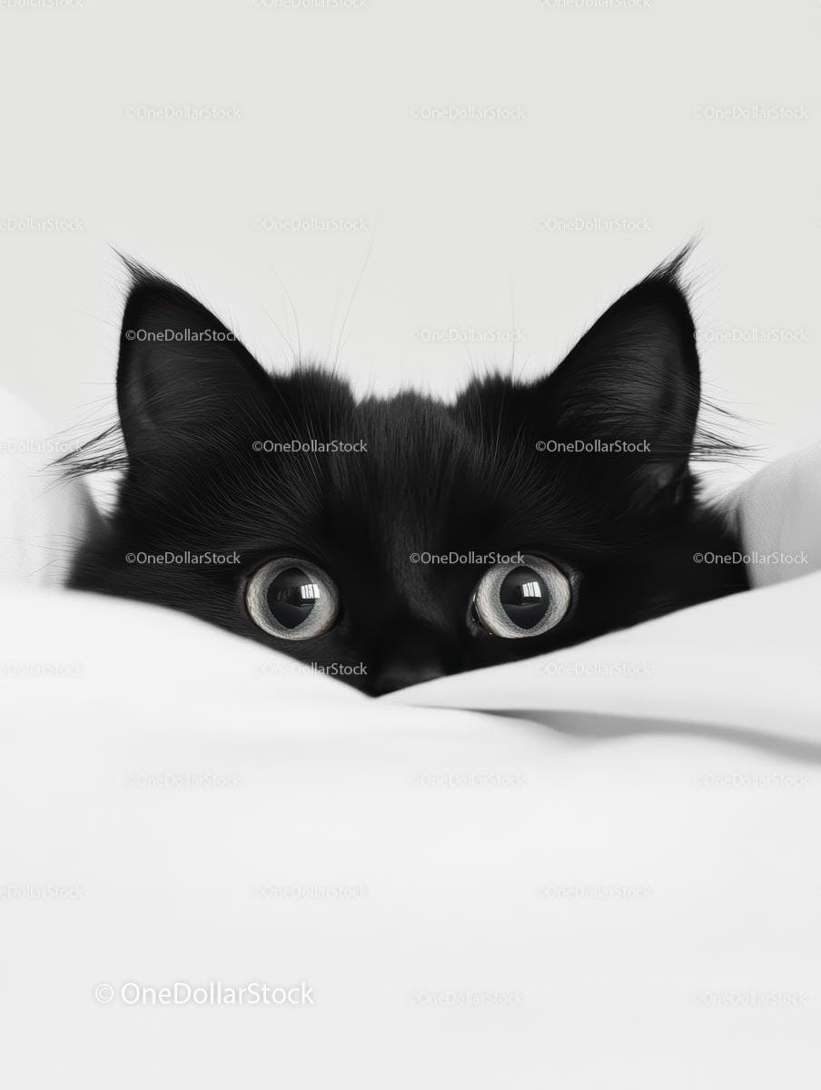 Curious Black Cat Peeking Over a White Blanket
