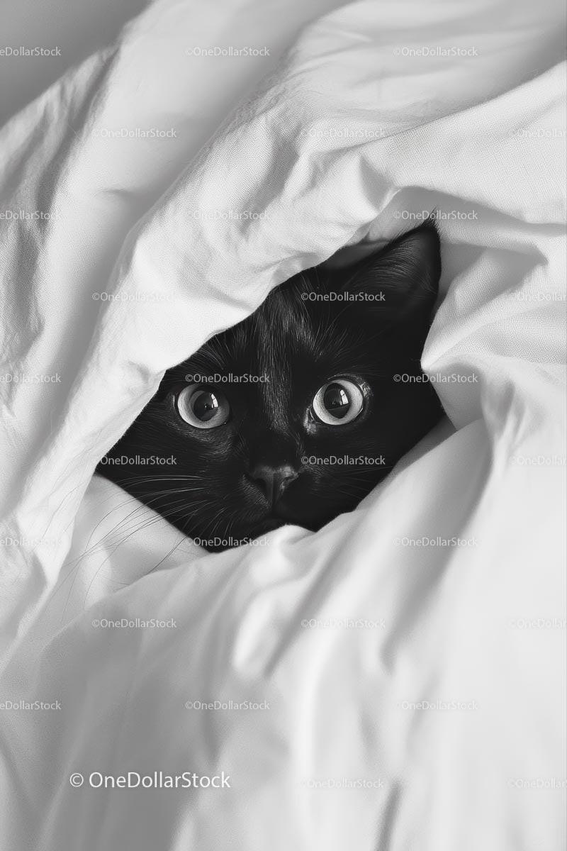Black Cat Peeking from Under White Sheets